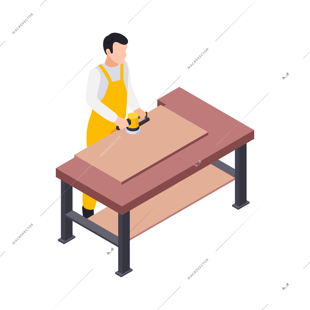 Handcraft furniture production isometric maker engaged in process of wood polishing surface isolated vector illustration