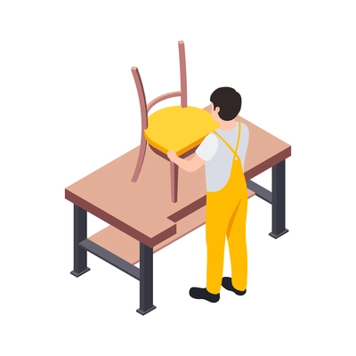 Handcraft furniture production isometric maker engaged in process of assembly isolated vector illustration