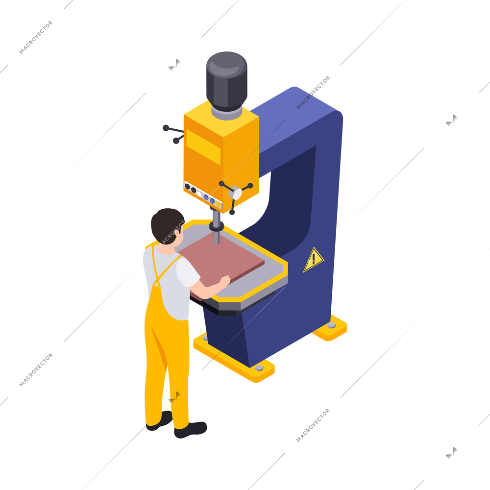 Furniture production isometric maker engaged in process of wood sawing drilling isolated vector illustration