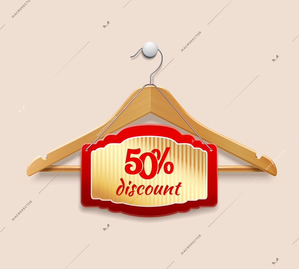 Clothes wooden hanger with discount sale label plate isolated 3d vector illustration