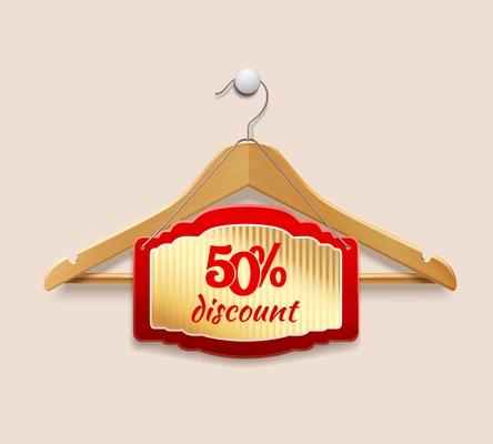 Clothes wooden hanger with discount sale label plate isolated 3d vector illustration