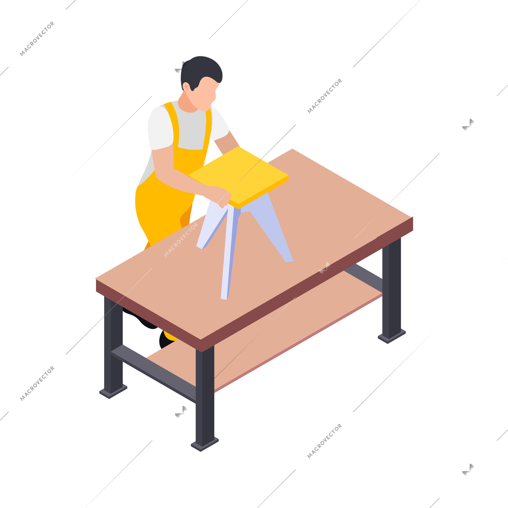Handcraft furniture production isometric maker engaged in process of assembly isolated vector illustration