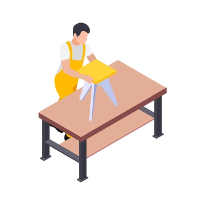 Handcraft furniture production isometric maker engaged in process of assembly isolated vector illustration