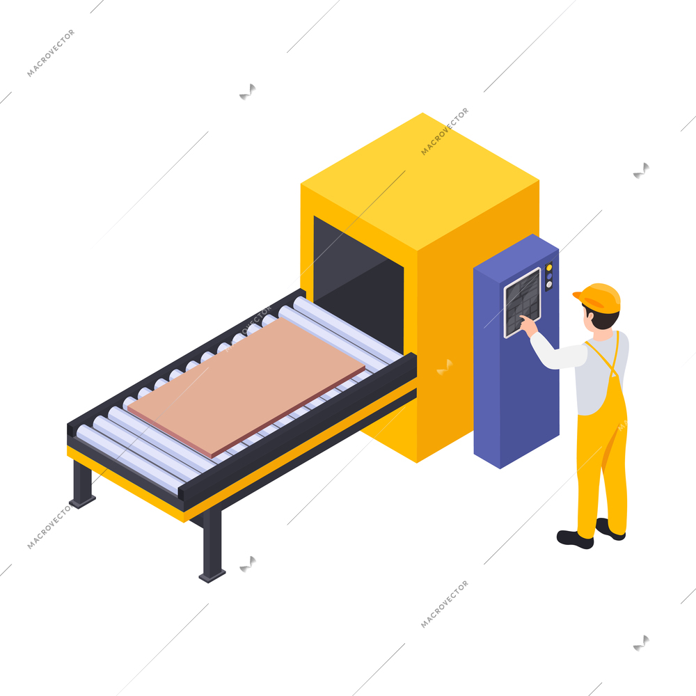 Furniture production isometric maker engaged in process of wood pressing isolated vector illustration