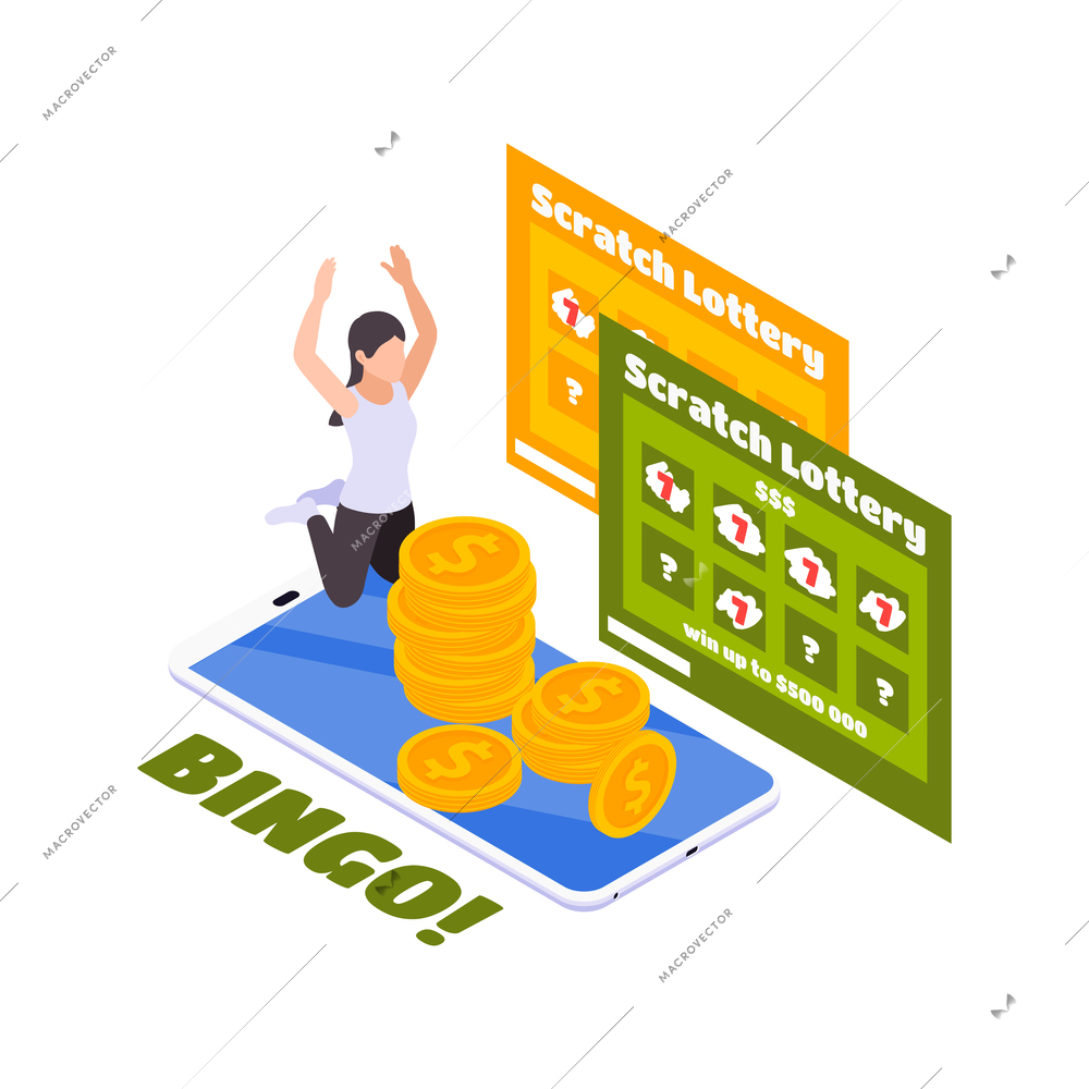 Lottery isometric with scratching cards and lottery tickets vector illustration