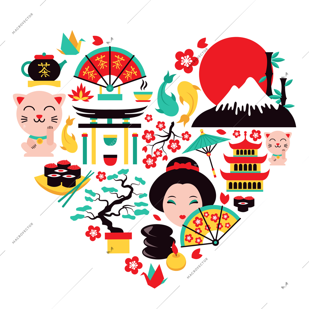 Japan symbols set in heart shape with traditional food and travel icons vector illustration