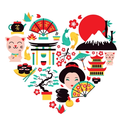 Japan symbols set in heart shape with traditional food and travel icons vector illustration