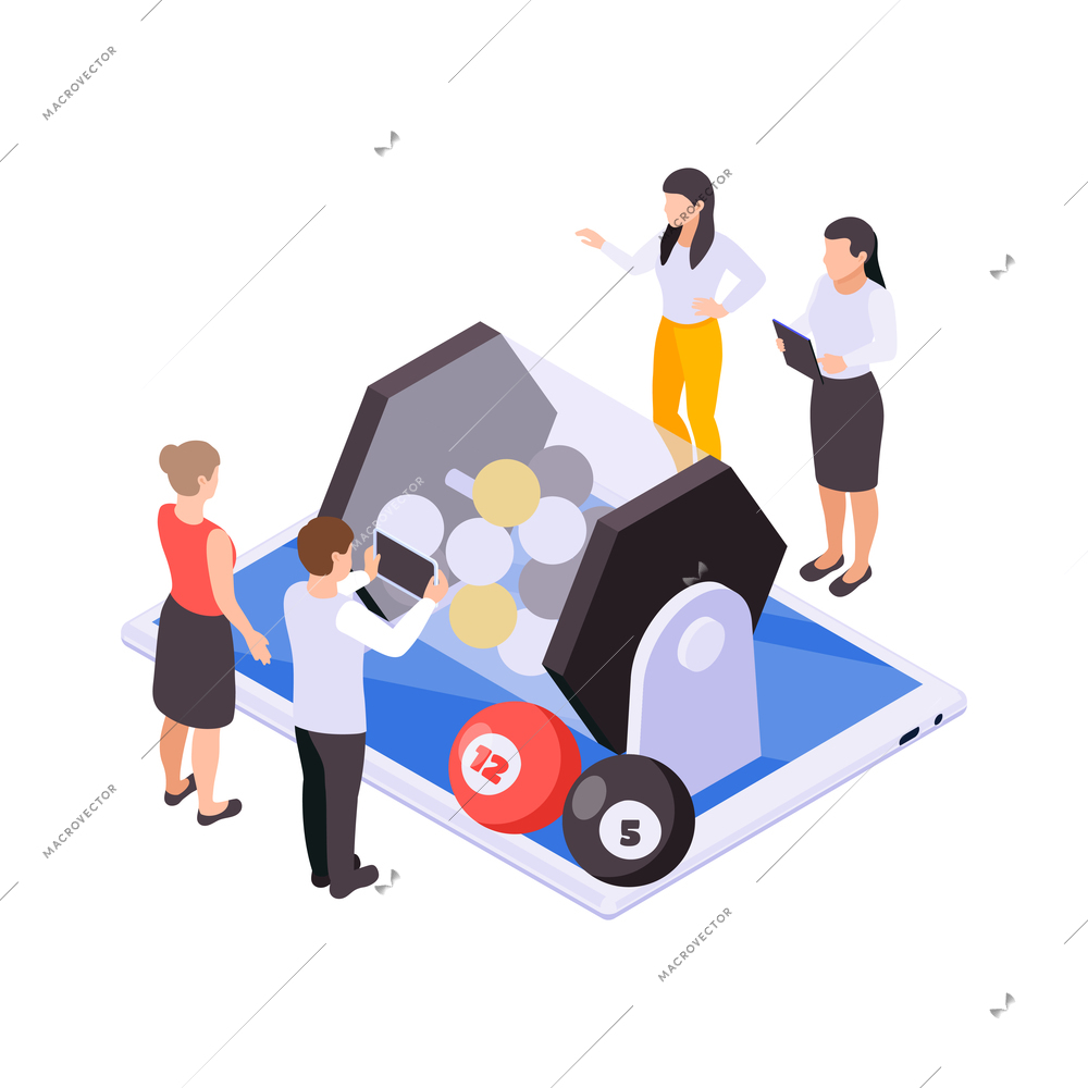 Lottery isometric lotto rotation machine with balls and gambling symbols vector illustration