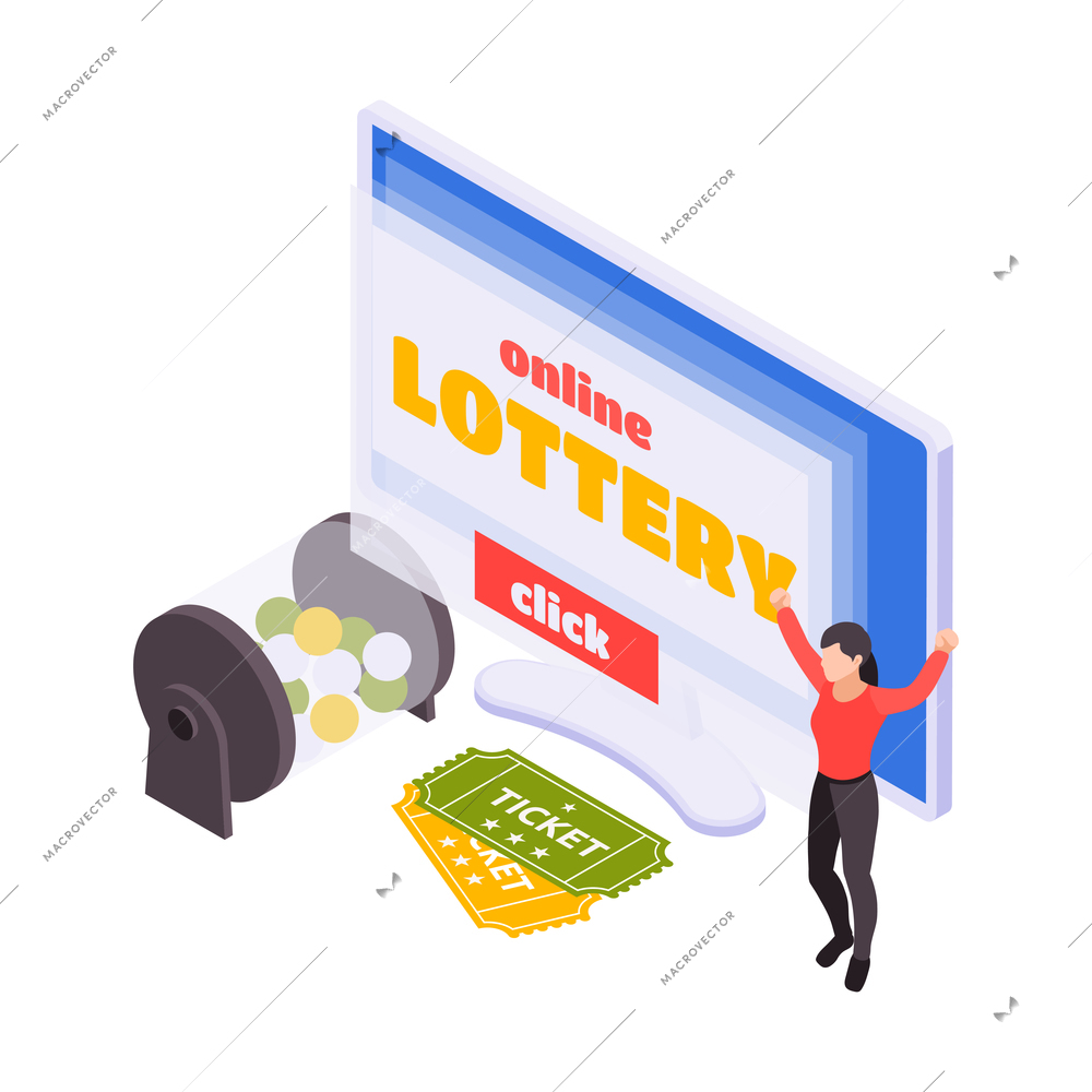 Lottery isometric lotto rotation machine with balls and lottery tickets vector illustration