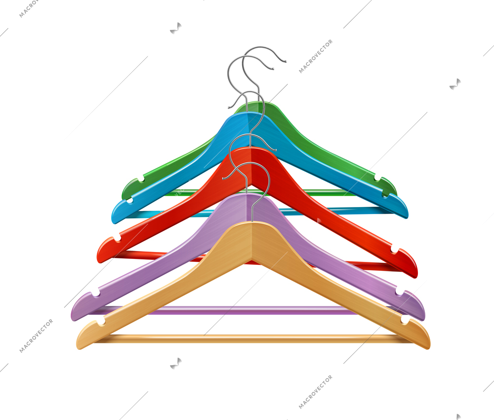 Clothes wooden colored hangers for jackets pants isolated 3d vector illustration