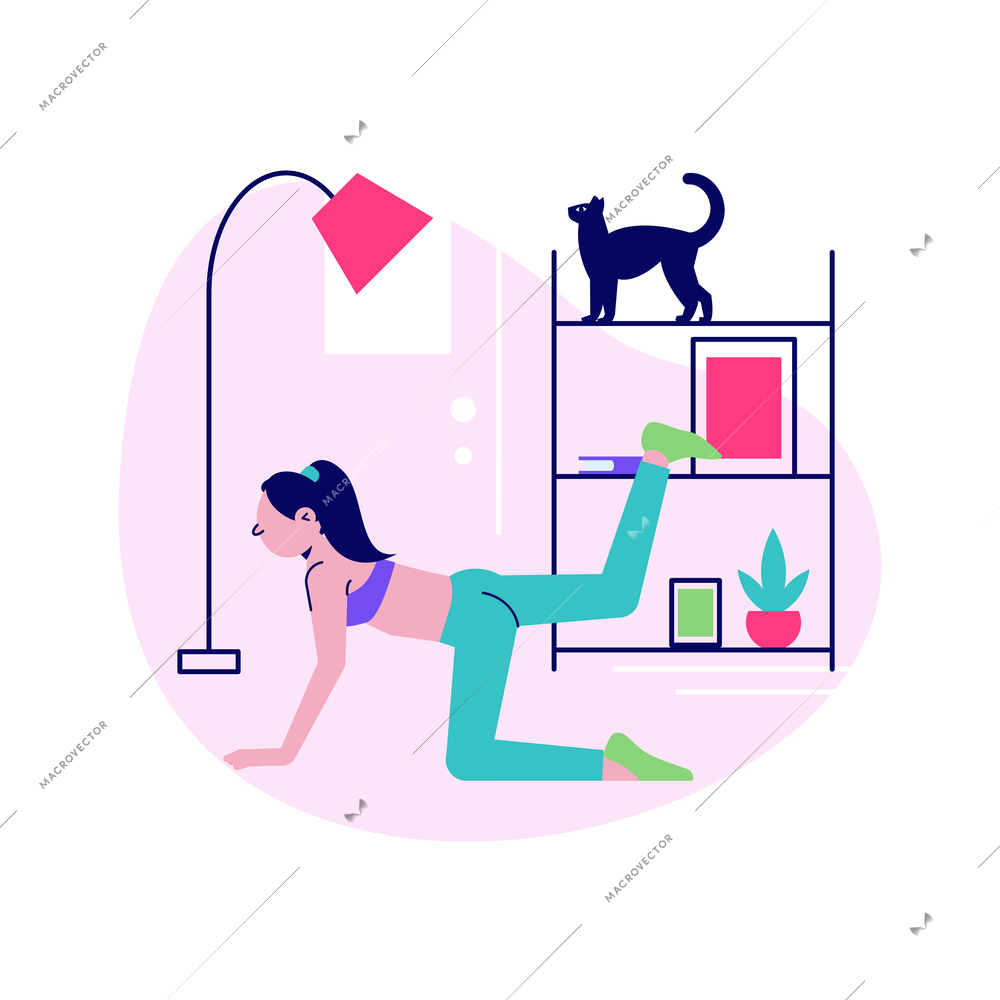 Workout yoga home flat design with stretching vector illustration