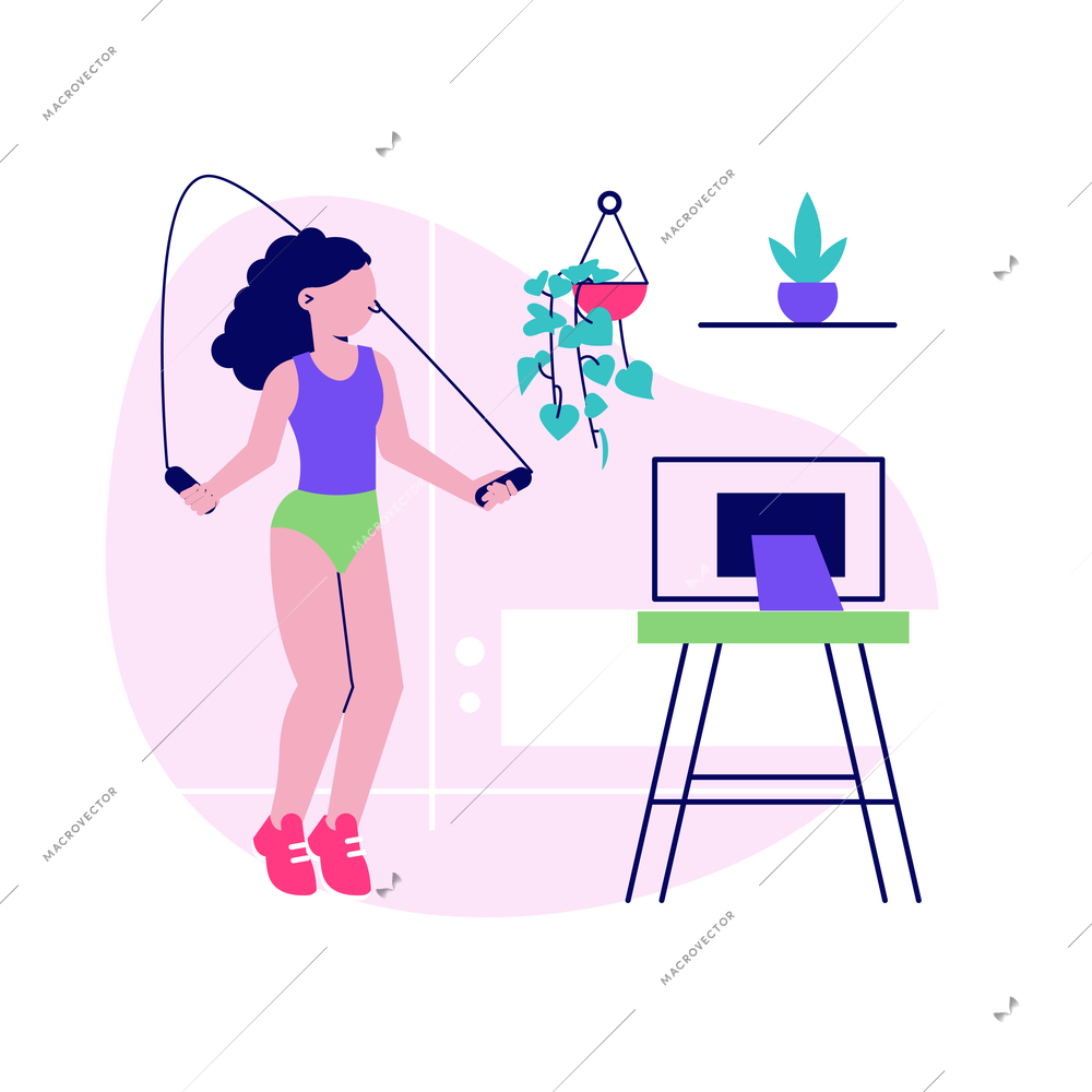 Workout yoga home flat design with jump rope vector illustration