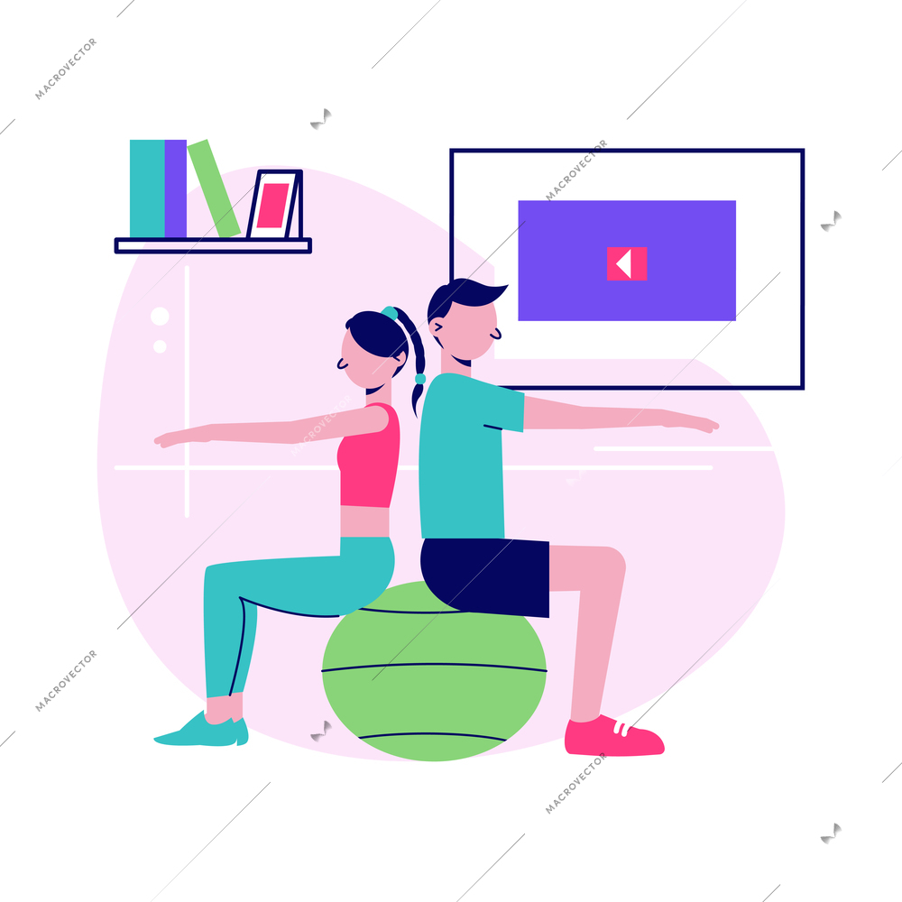 Workout fitness home flat design with stretching lifting vector illustration