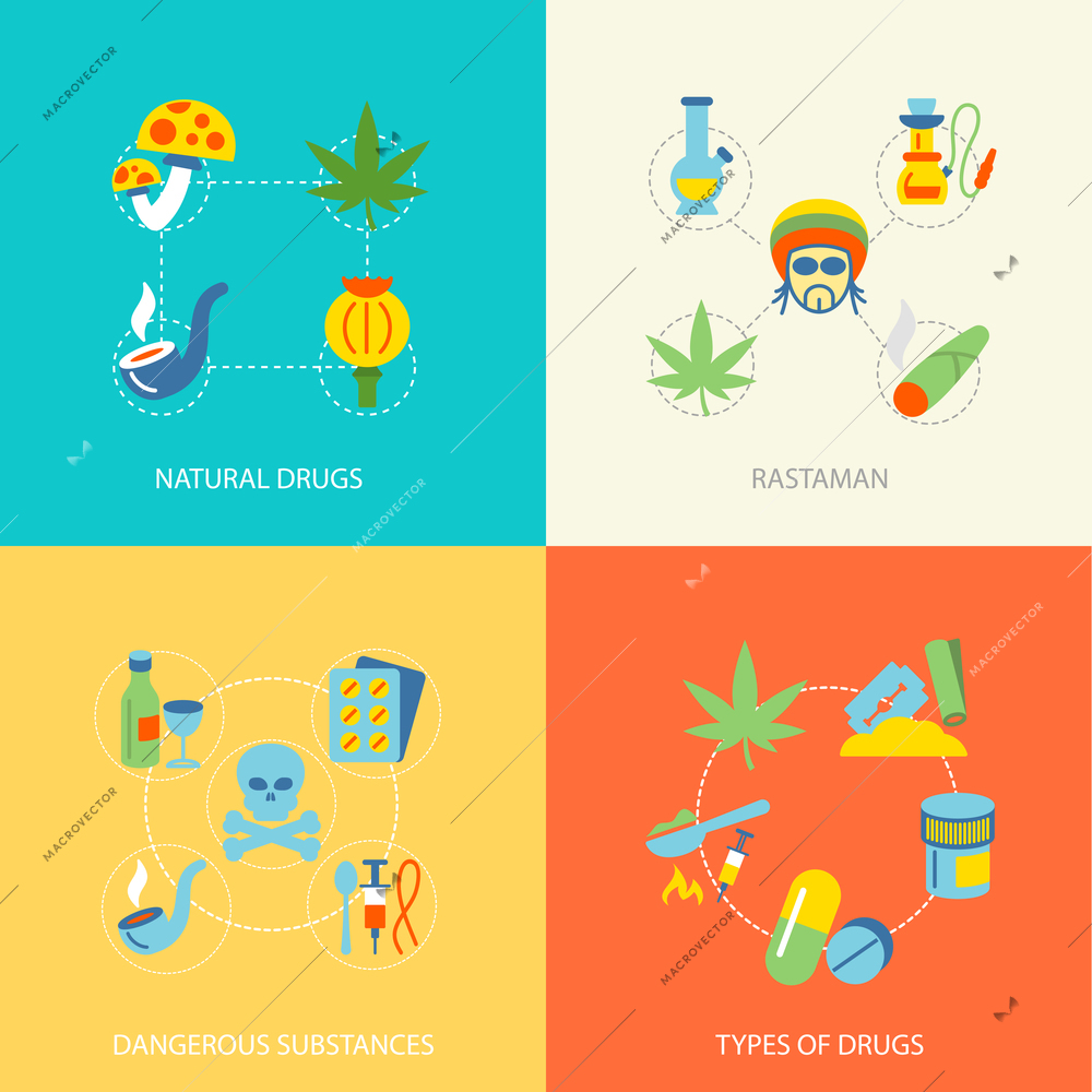 Natural drugs dangerous substances flat set isolated vector illustration