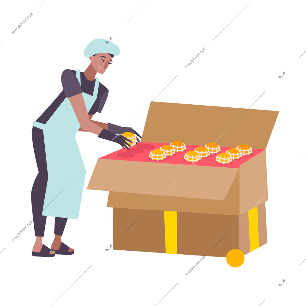 Flat person harvesting and storing citrus fruits vector illustration