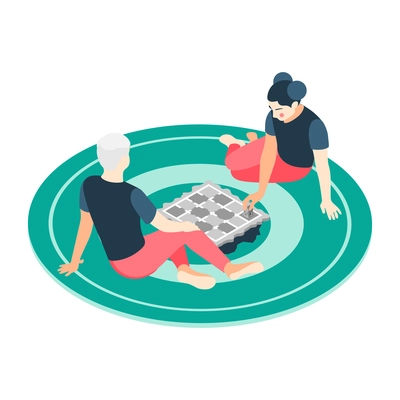 Board games isometric with playing couples families vector illustration