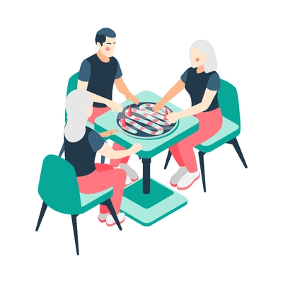 Board games isometric with playing couples families vector illustration