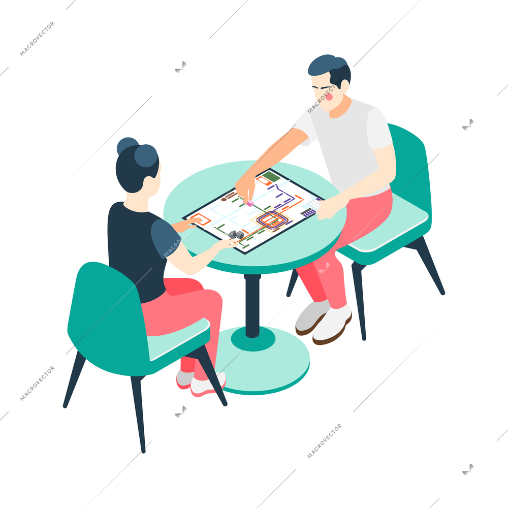 Board games isometric with playing couples pastime vector illustration