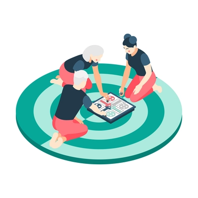 Board games isometric with playing couples families vector illustration