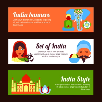 India style travel culture religion yoga symbols horizontal banners set isolated vector illustration