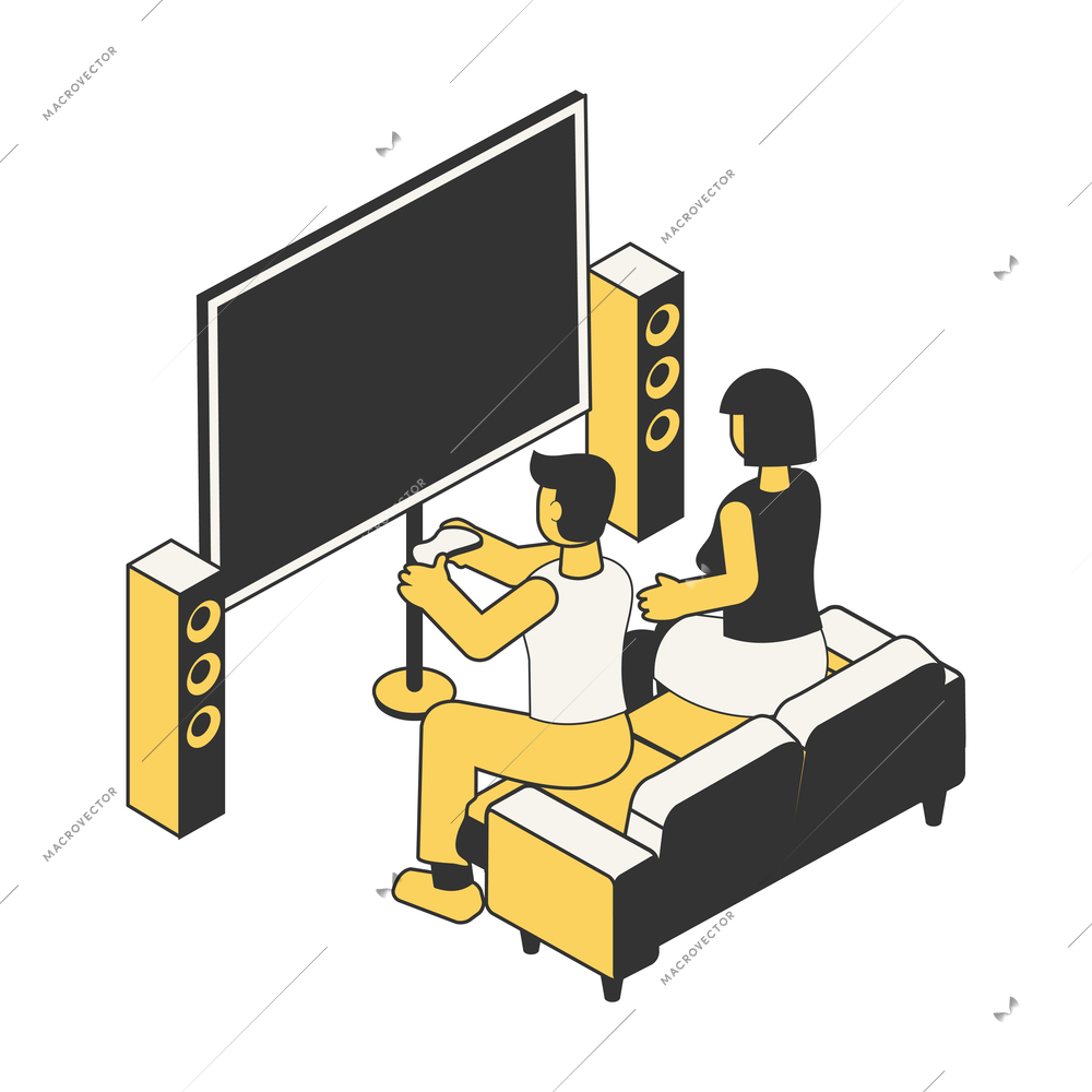 Home leisure free time isometric hand drawn with watching cinema online vector illustration