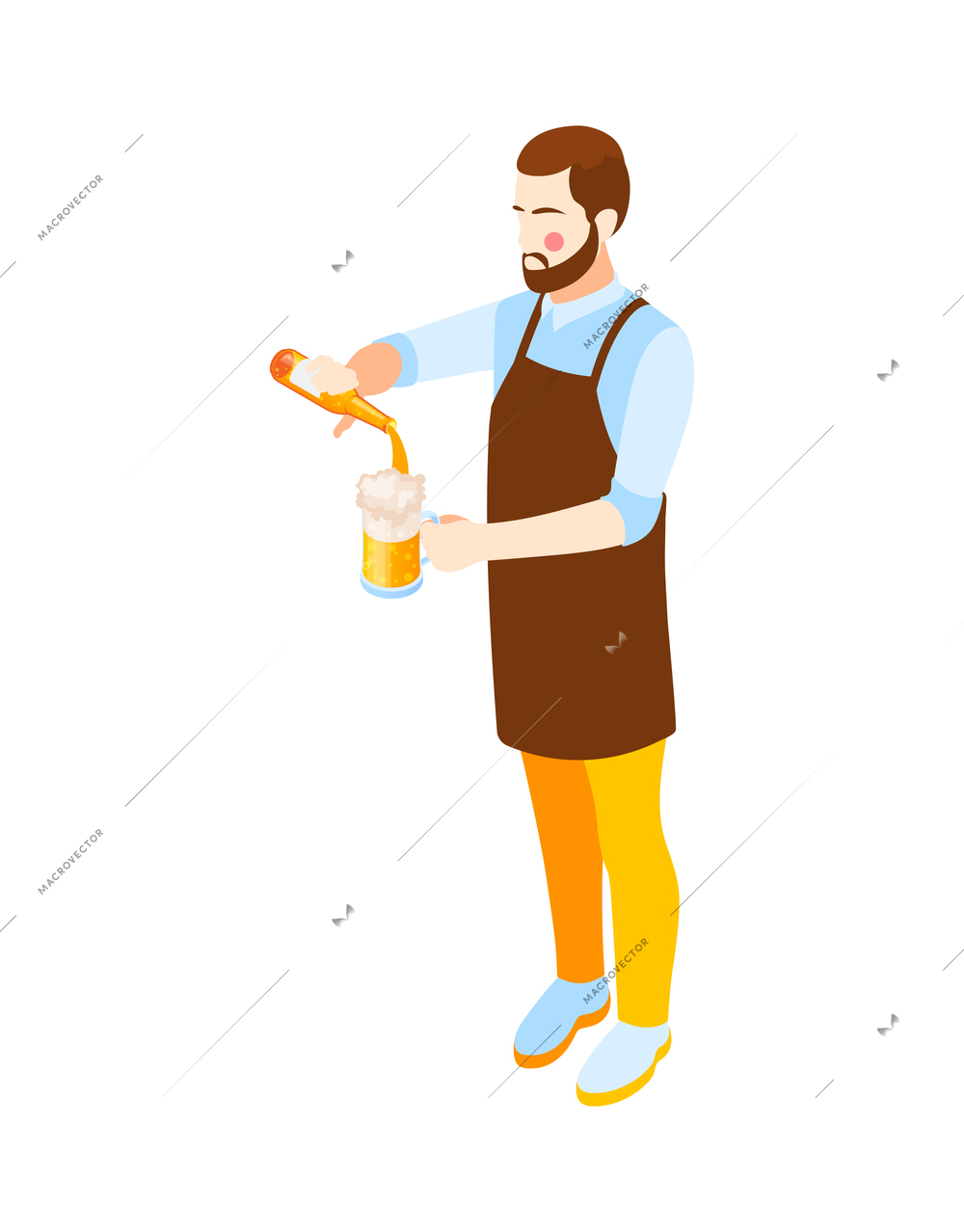 Beer pub bartender character with nice bar symbols isolated vector illustration