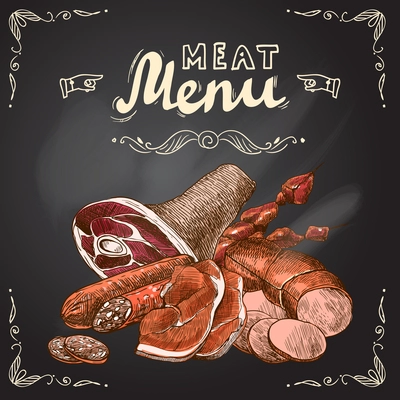 Meat food chalkboard set with pork fillet chop steak and sausage vector illustration