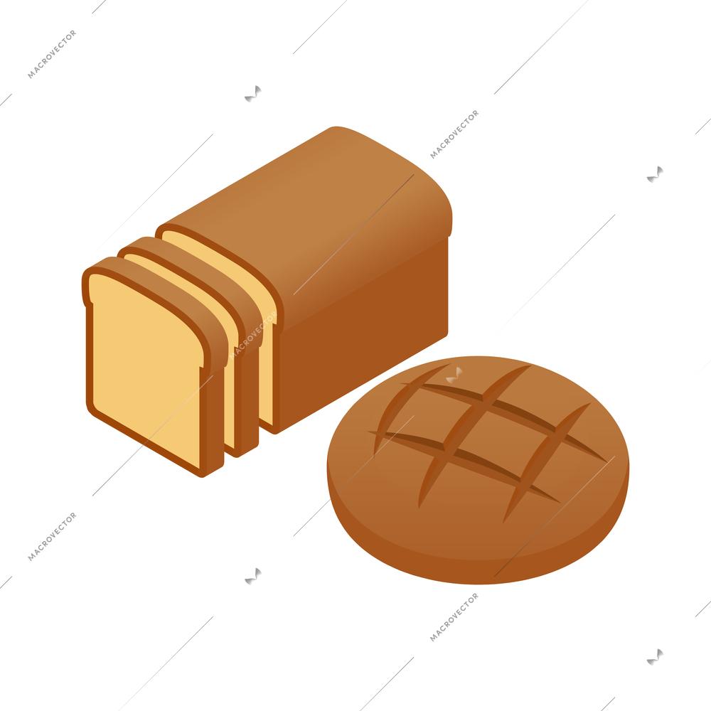 Baked fresh bread with bakery retail symbols 3d vector illustration