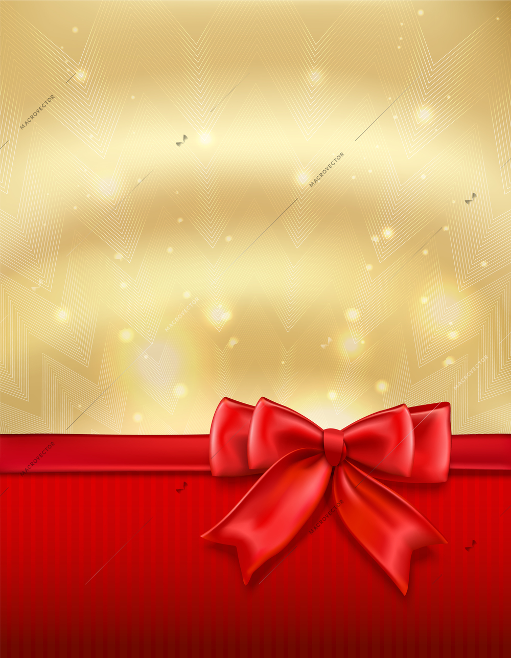 Golden holiday new year xmas background with red bow and ribbon vector illustration