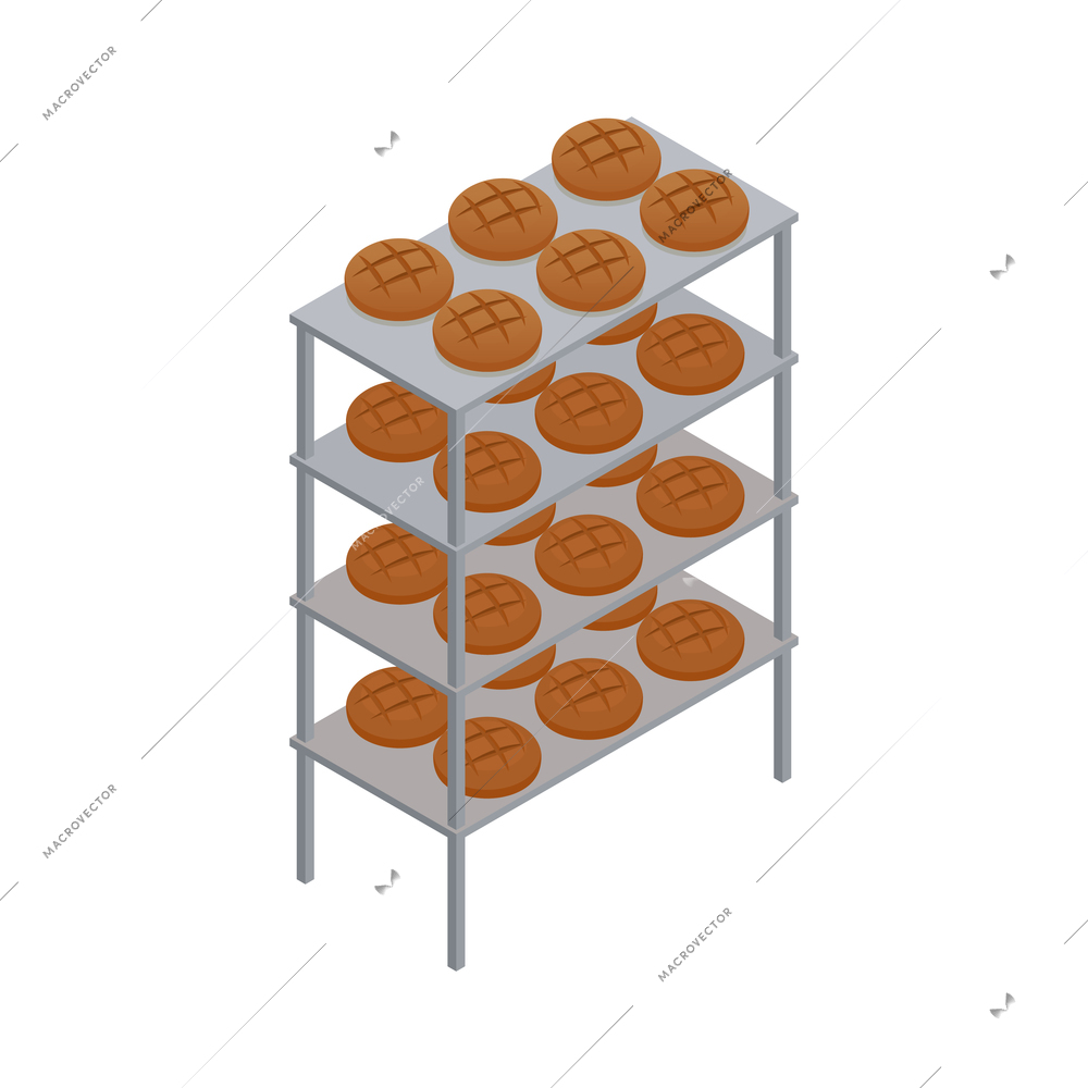 Baked bread and equipment with bakery retail symbols 3d vector illustration