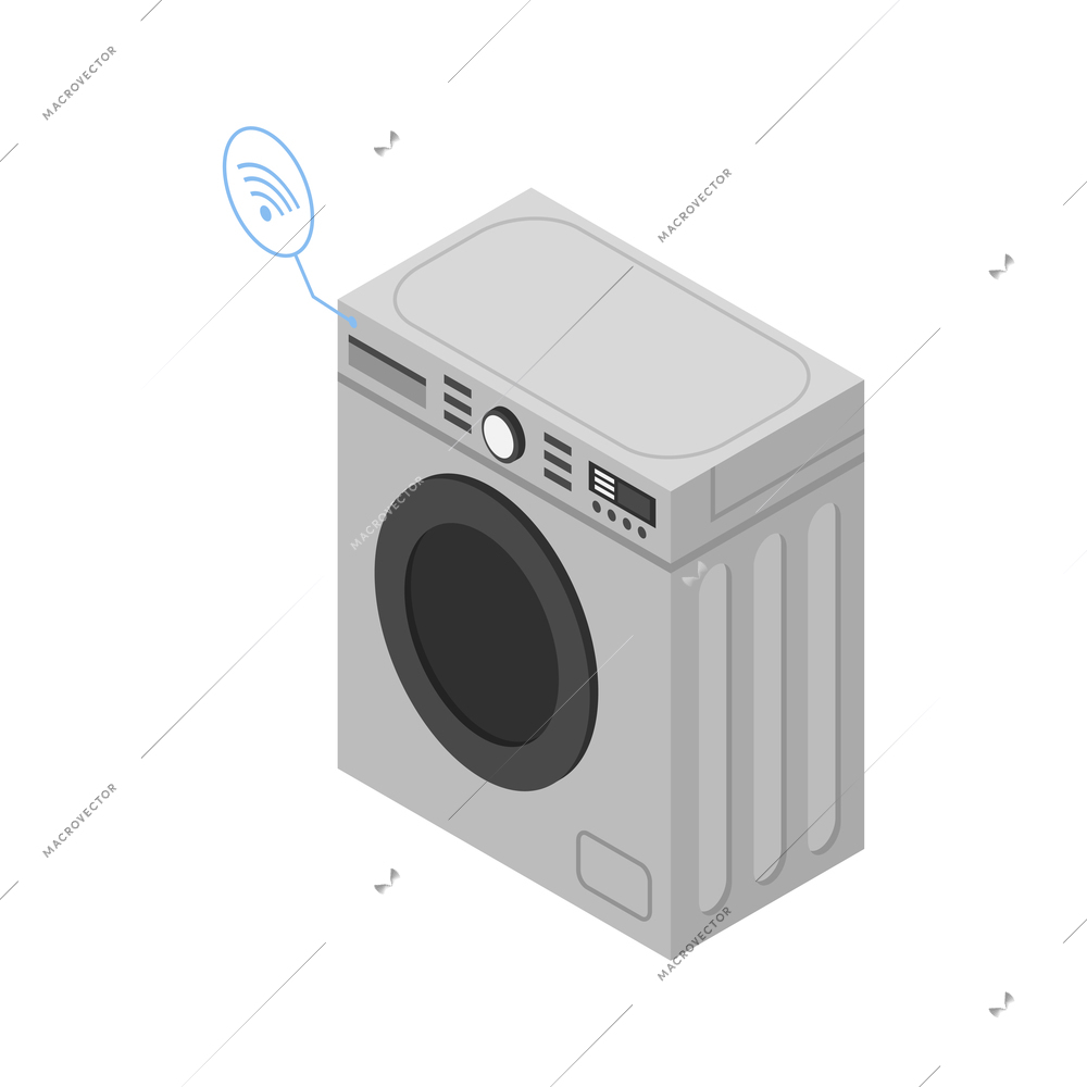 Isometric smart home washing machine with household appliances symbols vector illustration
