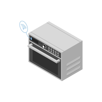 Isometric smart home microwave with electronic gadget symbols vector illustration