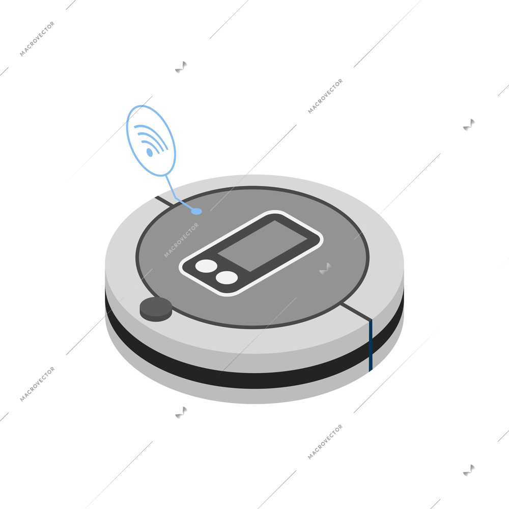 Isometric smart robot vacuum cleaner with household appliances symbols vector illustration