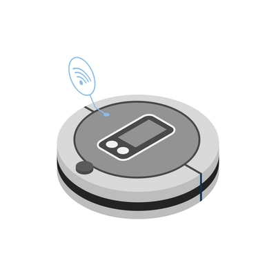 Isometric smart robot vacuum cleaner with household appliances symbols vector illustration