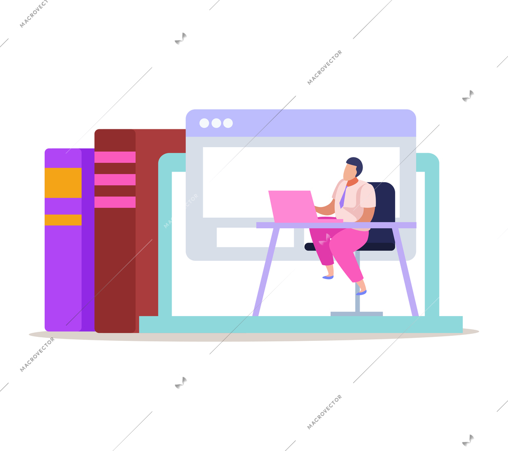 Remote education and electronic gadget flat recolor vector illustration