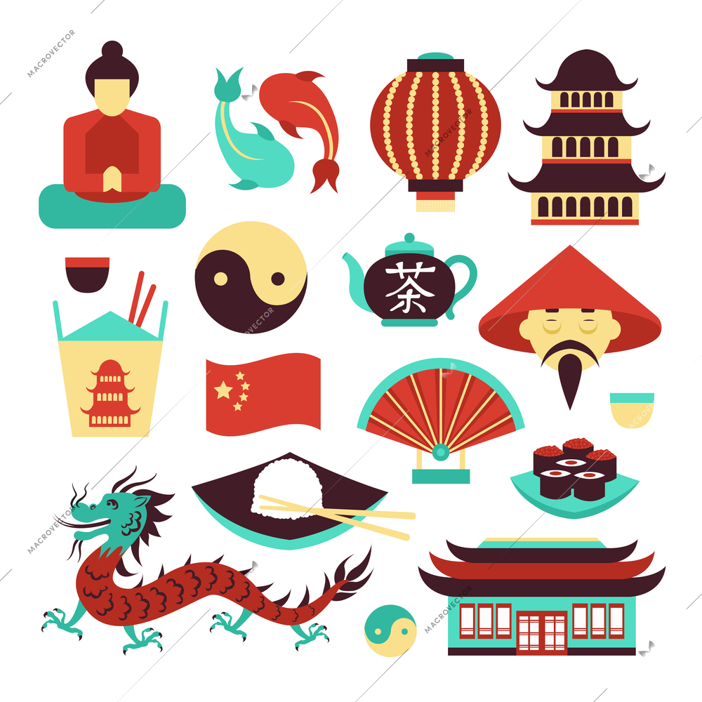 China travel asian traditional culture symbols set isolated vector illustration