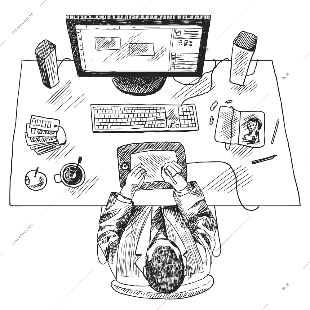 Designer work place with top view man sitting on table sketch vector illustration