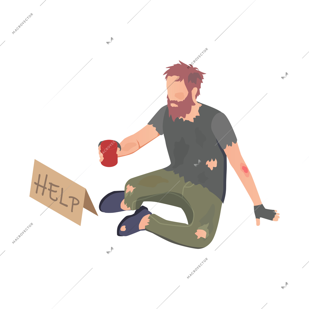 Poor person with donation and volunteering symbols isometric isolated vector illustration