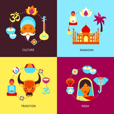 India culture ramadan tradition flat set isolated vector illustration