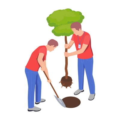 Tree planting with donation and volunteering symbols isometric isolated vector illustration