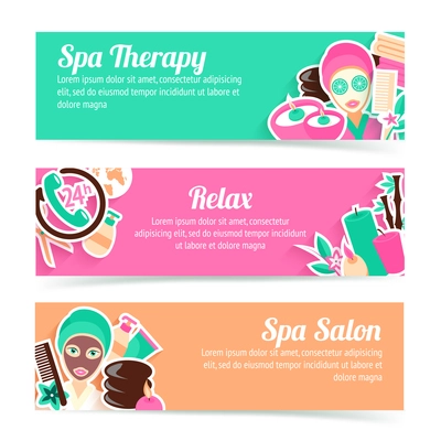 Spa salon therapy relax natural products beauty care horizontal banner set isolated vector illustration