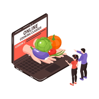 Learning cooking online isometric menu recipes on tablet mobile screen vector illustration