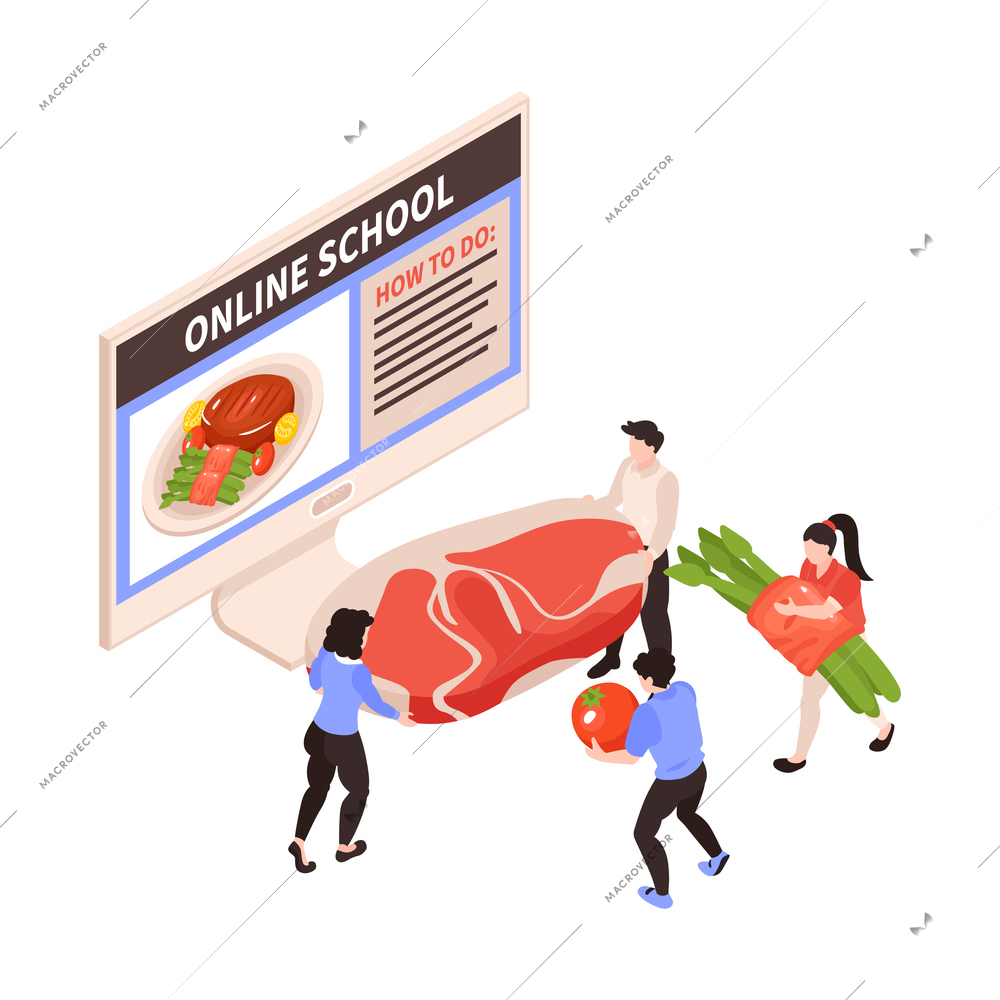 Learning cooking online isometric recipes lessons blogs tutorials vector illustration