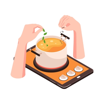 Learning cooking online isometric tutorials on tablet mobile screen vector illustration