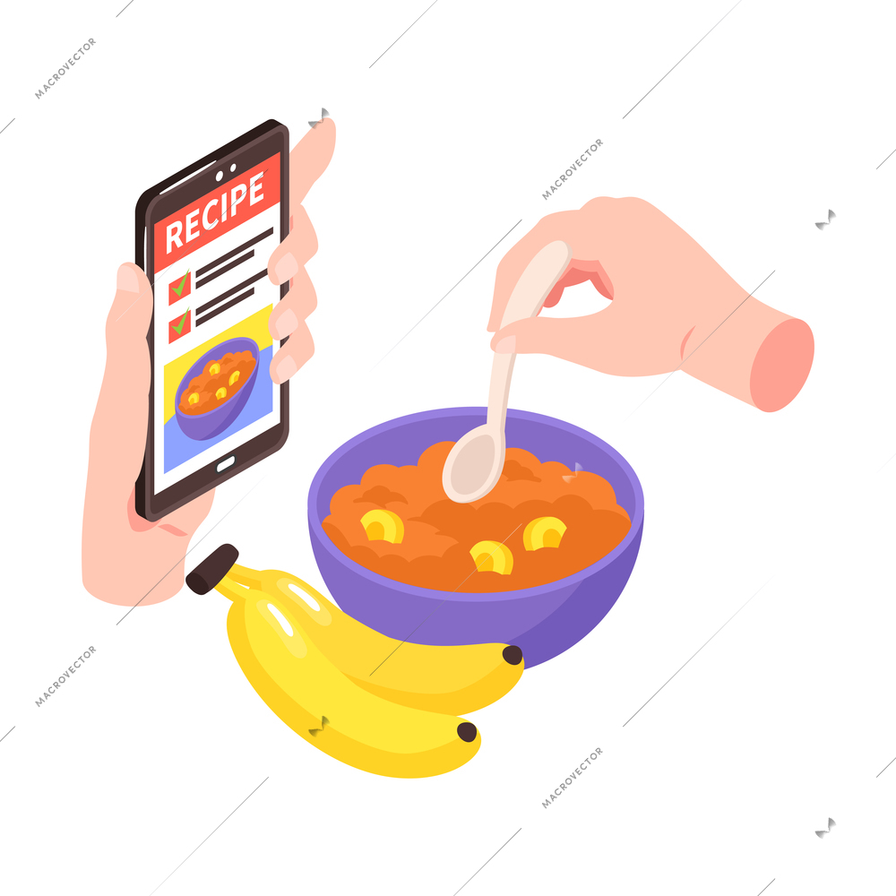 Learning cooking online isometric tutorials on mobile screen vector illustration