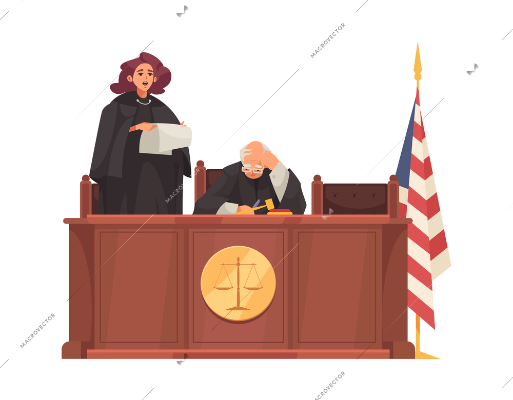 Law justice with wooden tribunes and sitting judges vector illustration