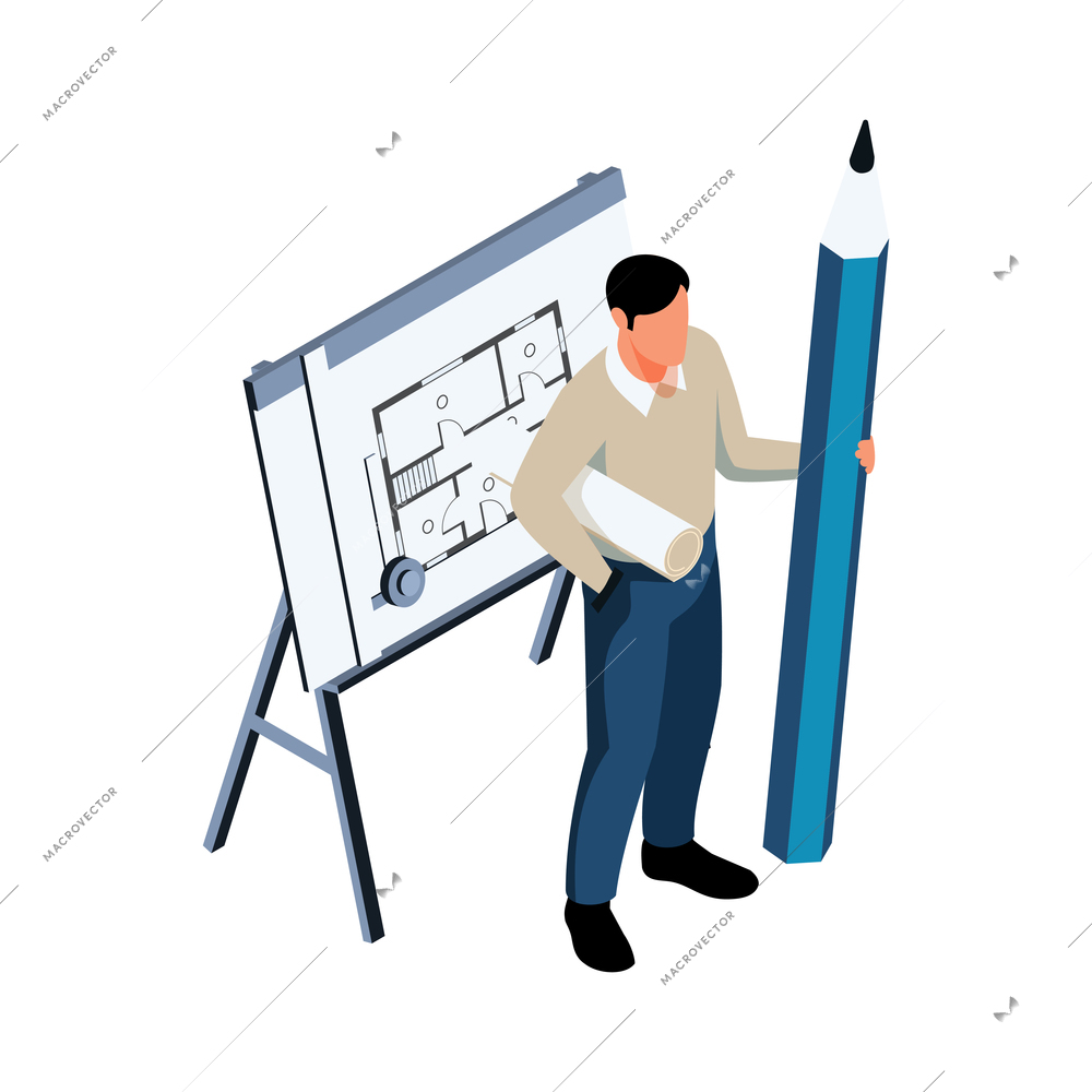 Isometric architect design with projects and master builder vector illustration