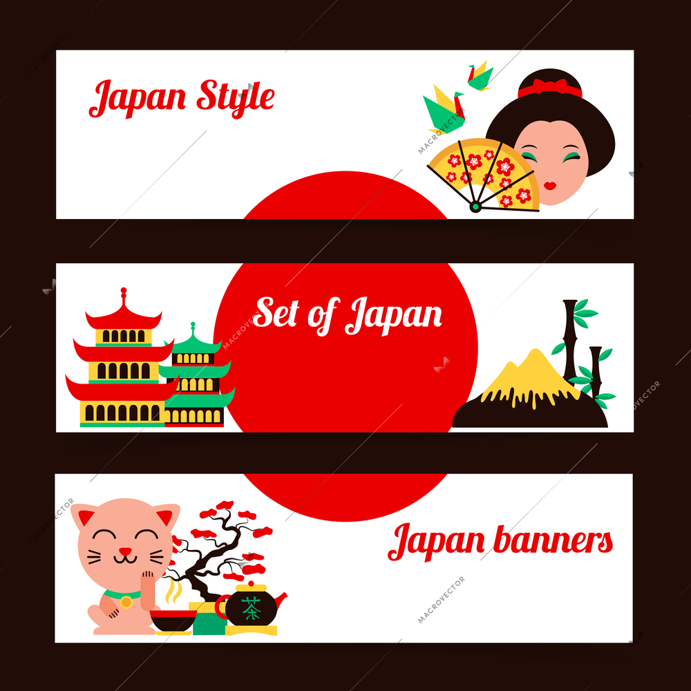 Japan style and culture horizontal banner set isolated vector illustration