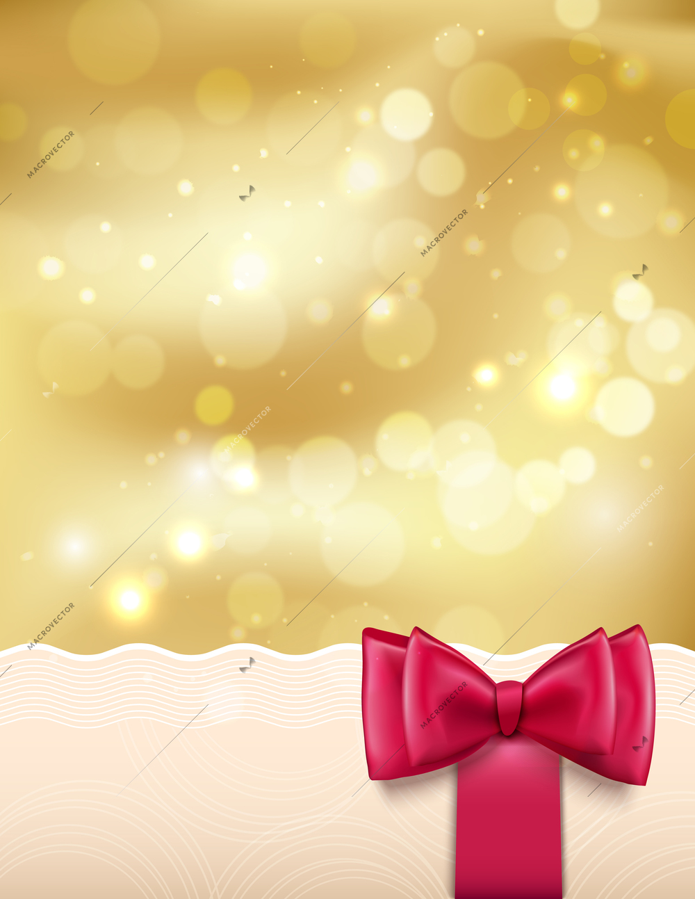 Golden holiday new year christmas background with sparks, red bow and ribbon vector illustration