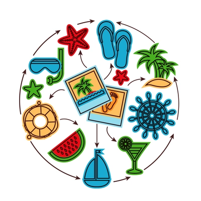 Holiday summer beach vacation tourism outline icons set tourism concept vector illustration.